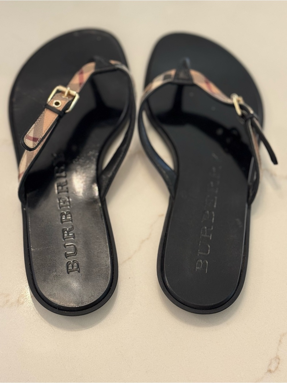 Burberry Black Thong Sandals with Beige Plaid Straps - Picture 2 of 5
